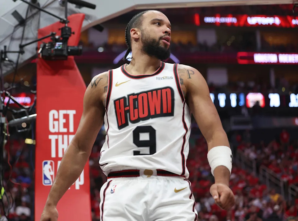 May 4, 2025; Houston, Texas, USA; Houston Rockets forward Dillon Brooks (9) reacts after a play during the fourth quarter of game seven of the first round for the 2025 NBA Playoffs against the Golden State Warriors at Toyota Center. Mandatory Credit: Troy Taormina-Imagn Images