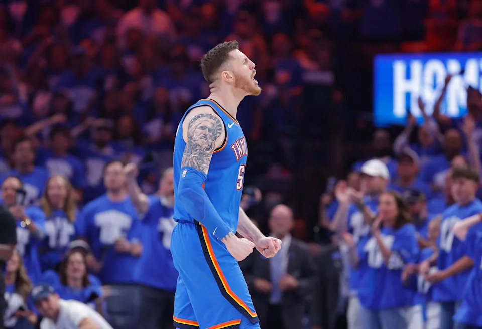 May 18, 2025; Oklahoma City, Oklahoma, USA; Oklahoma City Thunder center Isaiah Hartenstein (55) yells after scoring against the Denver Nuggets in the second quarter during game seven of the second round for the 2025 NBA Playoffs at Paycom Center. Mandatory Credit: Alonzo Adams-Imagn Images