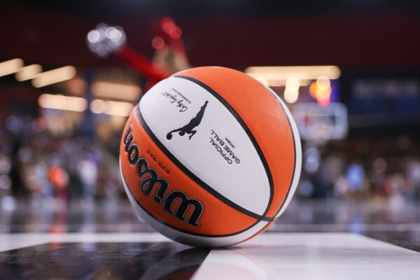 WNBA basketball on the floor during a game between the Atlanta Dream and Dallas Wings in the fourth quarter at Gateway Center Arena at College Park.