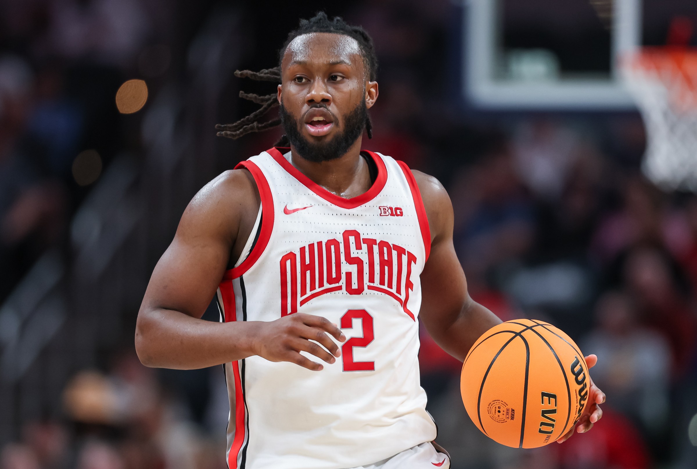 INDIANAPOLIS, INDIANA - MARCH 12: Bruce Thornton #2 of the Ohio State Buckeyes brings the ball up court during the game against the Iowa Hawkeyes in the Big Ten Men’s Basketball Tournament first round at Gainbridge Fieldhouse on March 12, 2025 in Indianapolis, Indiana. (Photo by Michael Hickey/Getty Images)