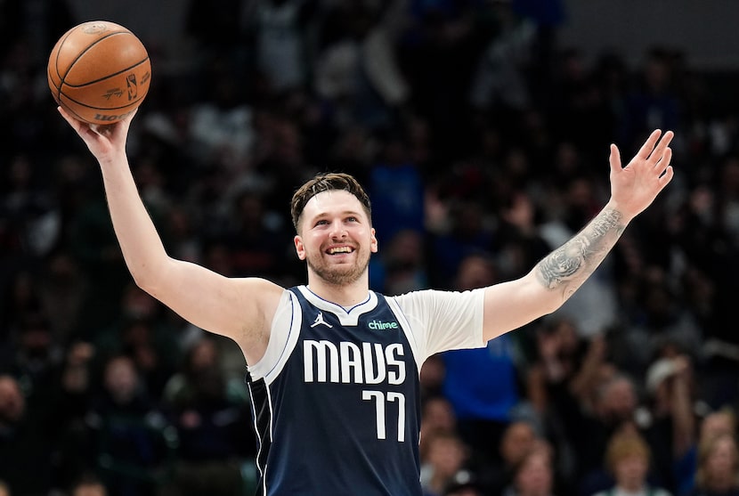 Dallas Mavericks guard Luka Doncic reacts to a call during the second half of an NBA...