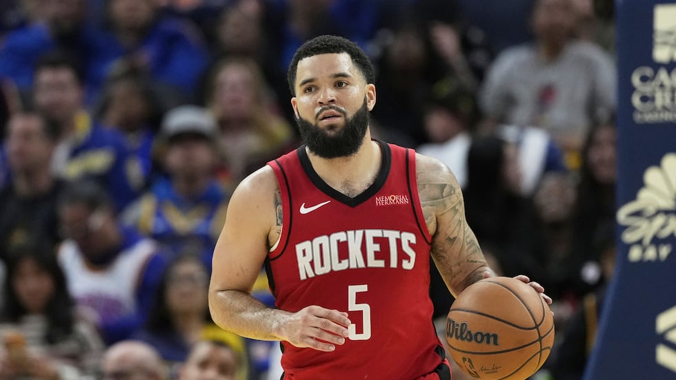 Houston Rockets guard Fred VanVleet against the Golden State Warriors during an NBA basketball...