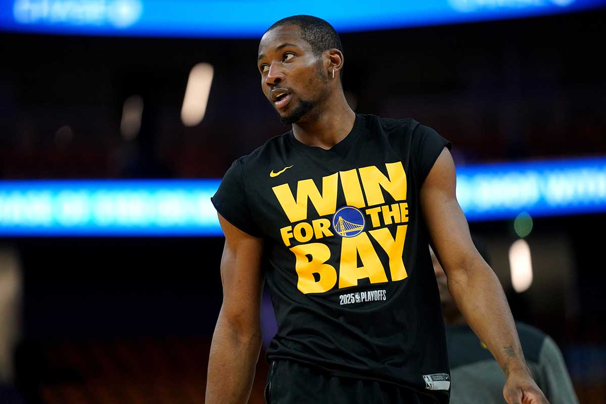 Warriors forward Jonathan Kuminga (00) stands on the court during warmups against the Minnesota Timberwolves during game four of the second round for the 2025 NBA Playoffs at Chase Center