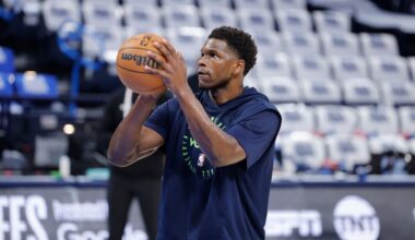 Minnesota Timberwolves guard Anthony Edwards (5) reacts against the Oklahoma City Thunder in the first half during game four of the western conference finals for the 2025 NBA Playoffs at Target Center.