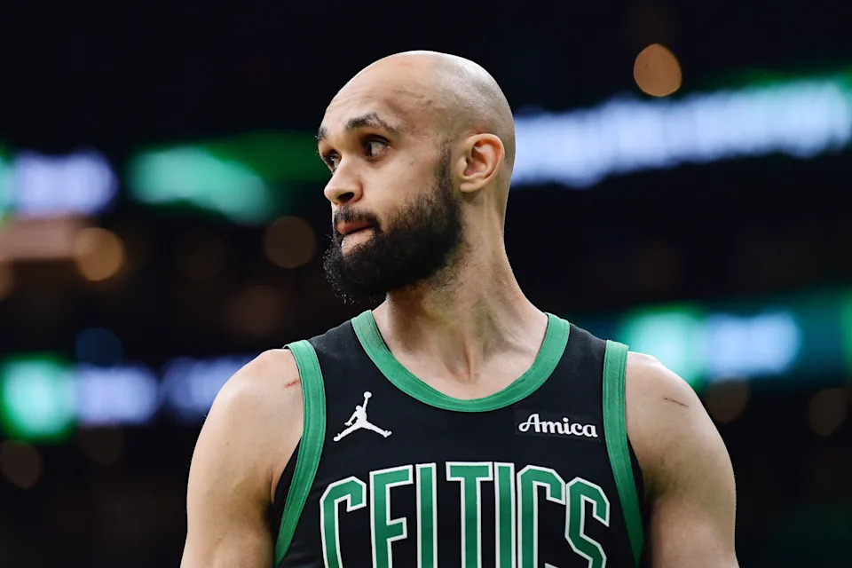 May 14, 2025; Boston, Massachusetts, USA; Boston Celtics guard Derrick White (9) in the first half during game five of the second round for the 2025 NBA Playoffs against the New York Knicks at TD Garden. Mandatory Credit: Bob DeChiara-Imagn Images
