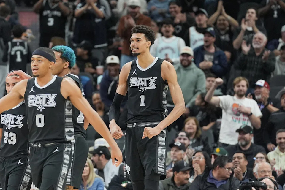 Jan 29, 2025; San Antonio, Texas, USA; San Antonio Spurs center Victor Wembanyama (1) celebrates in the first half against the LA Clippers at Frost Bank Center. Mandatory Credit: Daniel Dunn-Imagn Images
