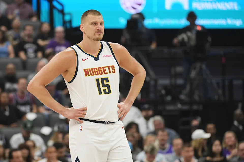 Apr 9, 2025; Sacramento, California, USA; Denver Nuggets center Nikola Jokic (15) looks on during a free throw in the first quarter of the game against the Sacramento Kings at Golden 1 Center. Mandatory Credit: Ed Szczepanski-Imagn Images