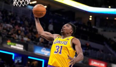 Los Angeles Lakers center Thomas Bryant (31) goes up for a dunk against the Indiana Pacers during the first half of an NBA basketball game in Indianapolis, Thursday, Feb. 2, 2023. (AP Photo/Michael Conroy)