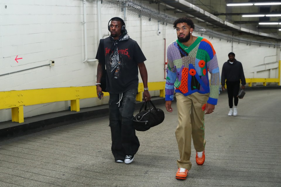 Naz Reid and Karl-Anthony Towns of the Minnesota Timberwolves arriving at Madison Square Garden.