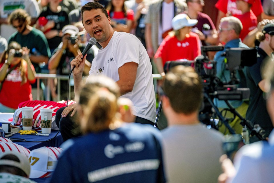 Charlie Kirk speaking at a Utah Valley University event.