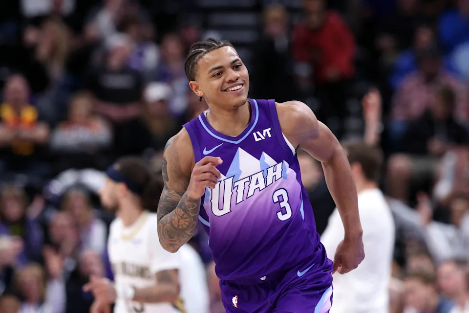 Mar 2, 2025; Salt Lake City, Utah, USA; Utah Jazz guard Keyonte George reacts to a shot against the New Orleans Pelicans during the second half at Delta Center. Mandatory Credit: Rob Gray-Imagn Images