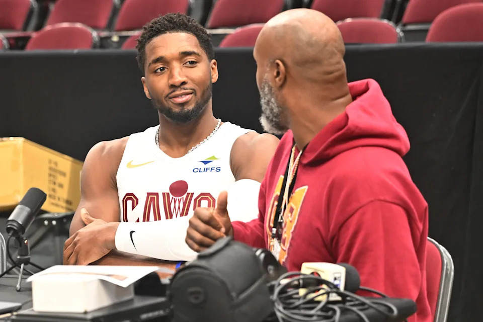 Cleveland Cavaliers guard Donovan Mitchell talks to the media during media day Sept. 29, 2025, at Rocket Arena in Cleveland.