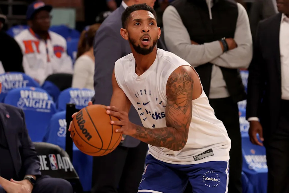 Oct 25, 2024; New York, New York, USA; New York Knicks guard Cameron Payne (1) warms up before a game against the Indiana Pacers at Madison Square Garden. Mandatory Credit: Brad Penner-Imagn Images