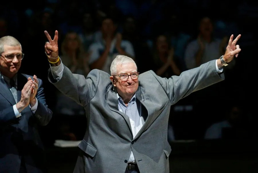 Frank Layden, former president of the Utah Jazz, is introduced during a 20-year reunion ceremony for the team that reached the 1997 NBA Finals, at halftime of the Jazz’s basketball game against the New York Knicks on Wednesday, March 22, 2017, in Salt Lake City. (AP Photo/Rick Bowmer, Pool)