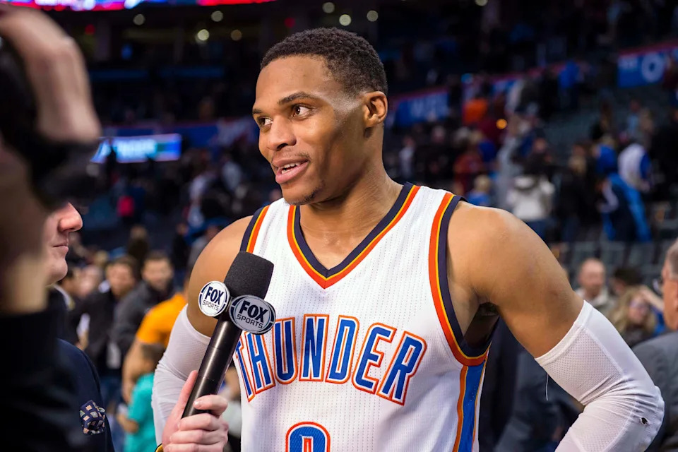 Dec 17, 2016; Oklahoma City, OK, USA; Oklahoma City Thunder guard Russell Westbrook (0) is interviewed after the win over the Phoenix Suns at the Chesapeake Energy Arena. Westbrook nets his fiftieth career triple-double. The Thunder defeat the Suns 114-101. Mandatory Credit: Jerome Miron-USA TODAY Sports