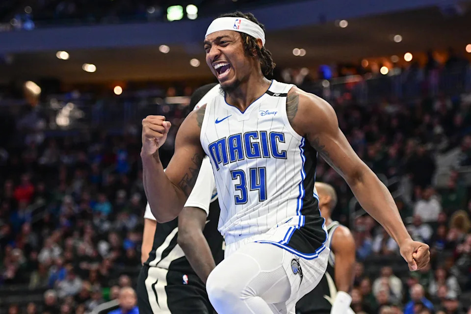 Dec 10, 2024; Milwaukee, Wisconsin, USA; Orlando Magic center Wendell Carter Jr. (34) reacts after scoring a basket in the fourth quarter against the Milwaukee Bucks at Fiserv Forum. Mandatory Credit: Benny Sieu-Imagn Images