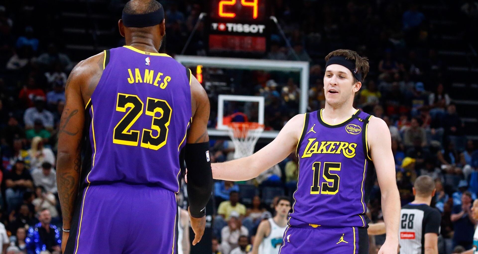 Los Angeles Lakers guard Austin Reeves (15) speaks during media day at UCLA Health Training Center.