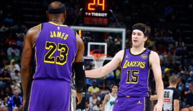 Los Angeles Lakers guard Austin Reeves (15) speaks during media day at UCLA Health Training Center.