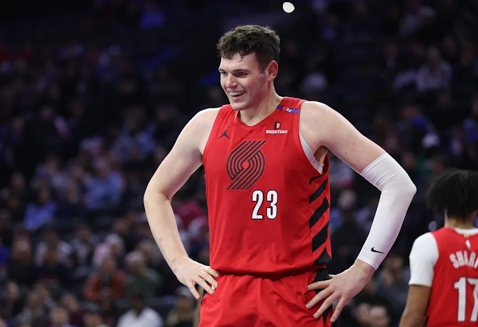 Mar 3, 2025; Philadelphia, Pennsylvania, USA; Portland Trail Blazers center Donovan Clingan (23) looks on during the third quarter against the Philadelphia 76ers at Wells Fargo Center. Mandatory Credit: Bill Streicher-Imagn Images
