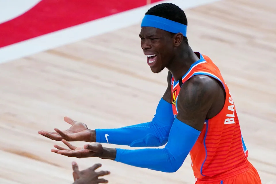 Aug 1, 2020; Lake Buena Vista, FL, USA; Oklahoma City Thunder's Dennis Schroder reacts after a play against the Utah Jazz during the first half of an NBA basketball game Saturday, Aug. 1, 2020, in Lake Buena Vista, Fla. Mandatory Credit: Ashley Landis/Pool Photo via USA TODAY Sports