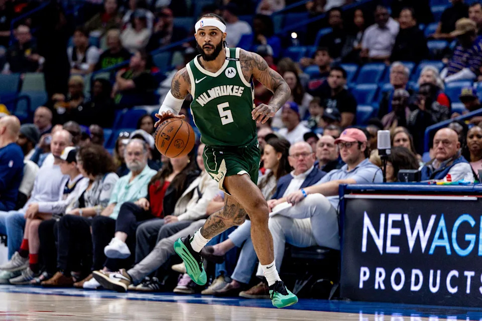 Apr 6, 2025; New Orleans, Louisiana, USA; Milwaukee Bucks guard Gary Trent Jr. (5) brings the ball up court against the New Orleans Pelicans during the first half at Smoothie King Center. Mandatory Credit: Stephen Lew-Imagn Images