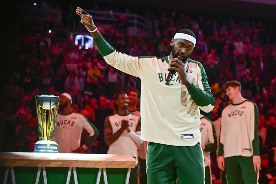 Milwaukee Bucks forward Bobby Portis speaks during a presentation of the NBA Cup.© Benny Sieu-Imagn Images