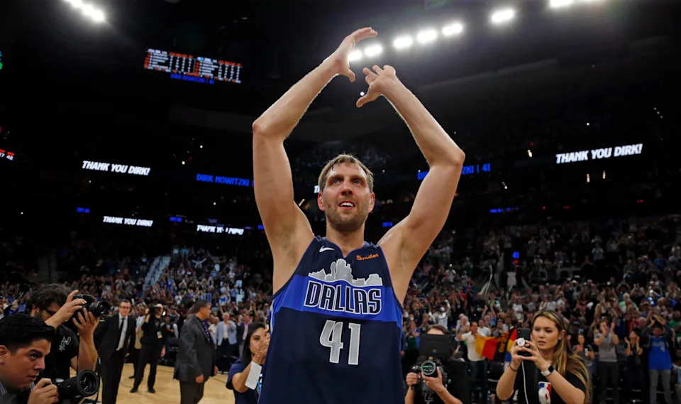 SAN ANTONIO, TX - APRIL 10: Dirk Nowitzki #41 of the Dallas Mavericks acknowledges fans at the end of his last game against the San Antonio Spurs at AT&T Center on April 10, 2019 in San Antonio, Texas. (Photo by Ronald Cortes/Getty Images)
