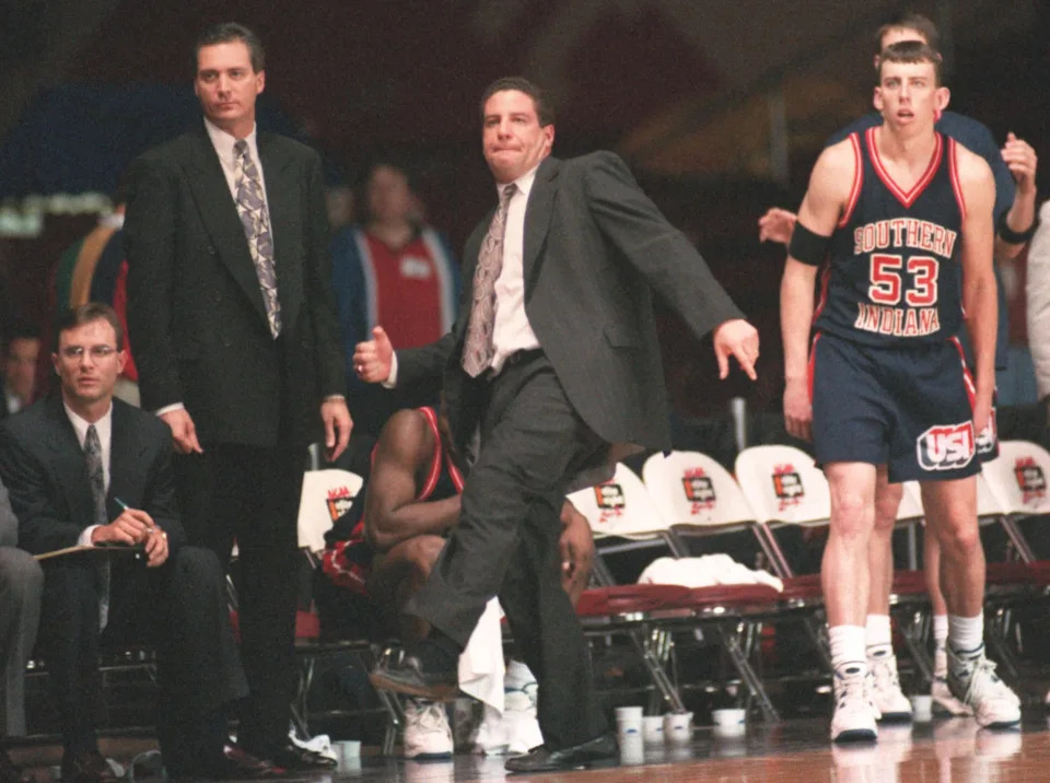 Rick Herdes, Assistant Coach, left, and Bruce Pearl, head coach of USI during the NCAA Division II Finals in Louisville, Ky., in March of 1995.