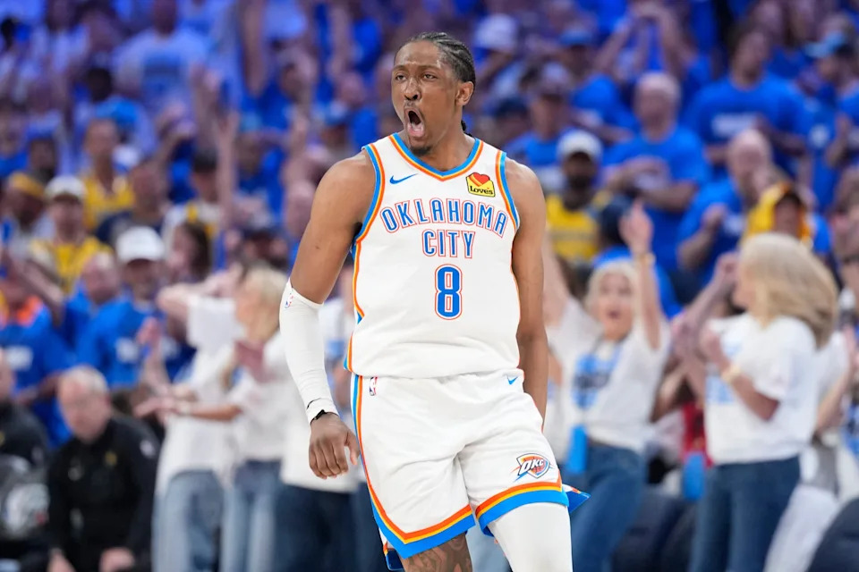 Jun 16, 2025; Oklahoma City, Oklahoma, USA; Oklahoma City Thunder forward Jalen Williams (8) reacts during the fourth quarter of game five of the 2025 NBA Finals against the Indiana Pacers at Paycom Center. Mandatory Credit: Kyle Terada-Imagn Images
