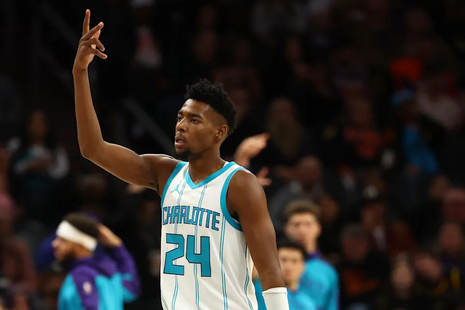 Jan 12, 2025; Phoenix, Arizona, USA; Charlotte Hornets forward Brandon Miller (24) reacts after making a basket against the Phoenix Suns during the second half at Footprint Center. Mandatory Credit: Mark J. Rebilas-Imagn Images