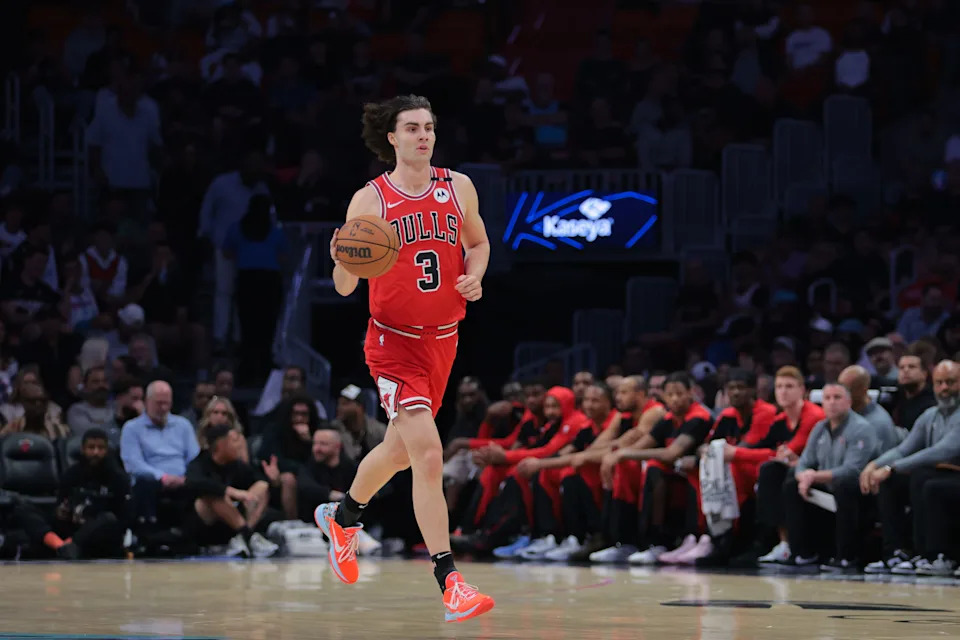 Mar 8, 2025; Miami, Florida, USA; Chicago Bulls guard Josh Giddey (3) dribbles the basketball against the Miami Heat during the first quarter at Kaseya Center. Mandatory Credit: Sam Navarro-Imagn Images