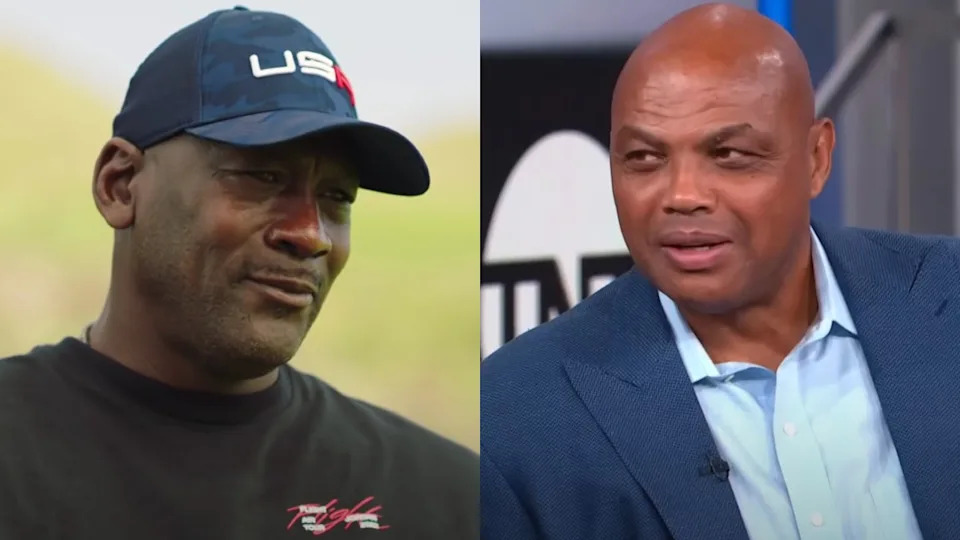 Michael Jordan is interviewed, while Charles Barkley on Inside the NBA