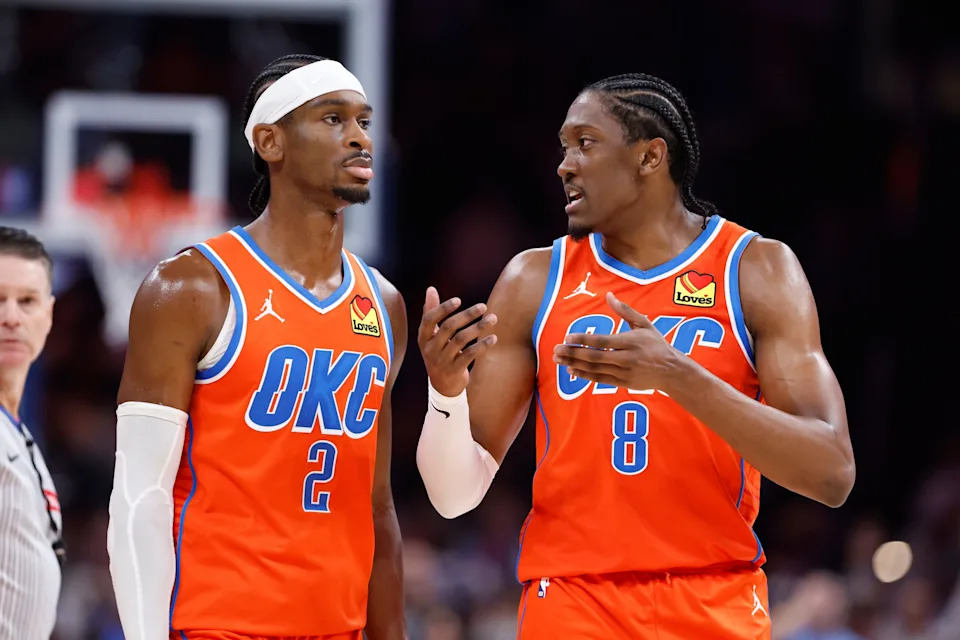 Oklahoma City Thunder guard Shai Gilgeous-Alexander (2) and forward Jalen Williams (8) talk during a time out against the Golden State Warriors during the second half at Paycom Center in Oklahoma City on Nov. 10, 2024.