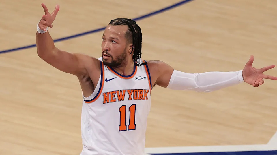 Jalen Brunson #11 of the New York Knicks celebrates a three point basket against the Indiana Pacers during the second quarter in Game Five of the Eastern Conference Finals of the 2025 NBA Playoffs at Madison Square Garden on May 29, 2025 in New York City.