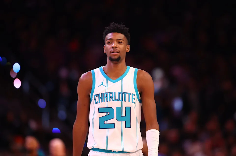 Jan 12, 2025; Phoenix, Arizona, USA; Charlotte Hornets forward Brandon Miller (24) against the Phoenix Suns at Footprint Center. Mandatory Credit: Mark J. Rebilas-Imagn Images