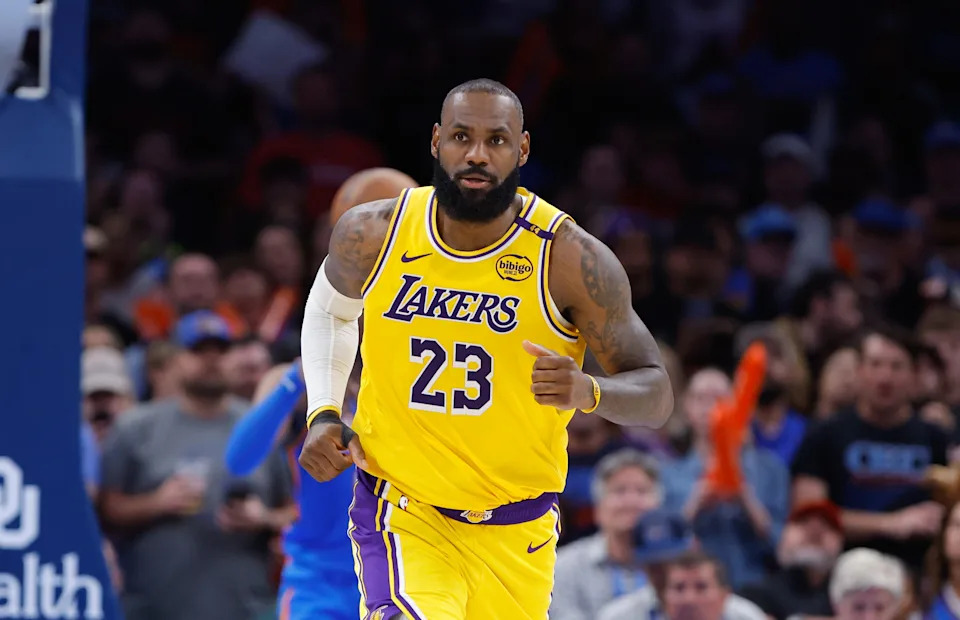 Apr 8, 2025; Oklahoma City, Oklahoma, USA; Los Angeles Lakers forward LeBron James (23) runs down the court after a play against the Oklahoma City Thunder during the second half at Paycom Center. Mandatory Credit: Alonzo Adams-Imagn Images