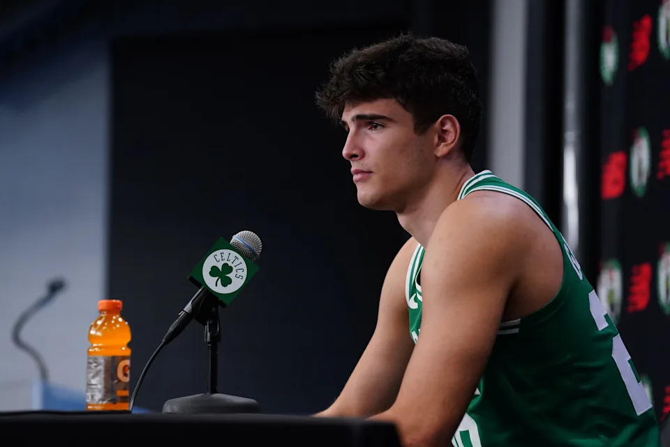 Sep 29, 2025; Boston, MA, USA; Boston Celtics guard Hugo Gonzalez (28) talks with reporters during media day at the Auerbach Center. Mandatory Credit: David Butler II-Imagn Images