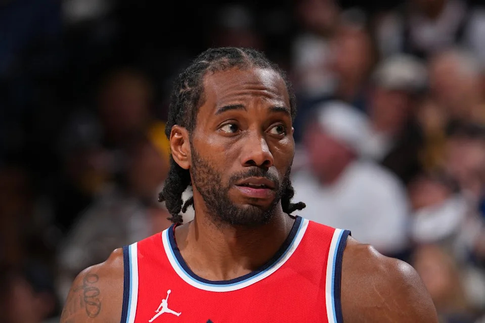 Kawhi Leonard of the LA Clippers looks on during Round One Game Two of the 2025 NBA Playoffs against the Denver Nuggets on April 21, 2025 at Ball Arena in Denver, Colorado. NBAE via Getty Images