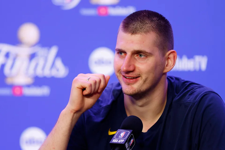 DENVER, COLORADO - JUNE 12: Nikola Jokic #15 of the Denver Nuggets speaks with media after a 94-89 victory against the Miami Heat in Game Five of the 2023 NBA Finals to win the NBA Championship at Ball Arena on June 12, 2023 in Denver, Colorado. (Photo by Justin Edmonds/Getty Images)Justin Edmonds/Getty Images
