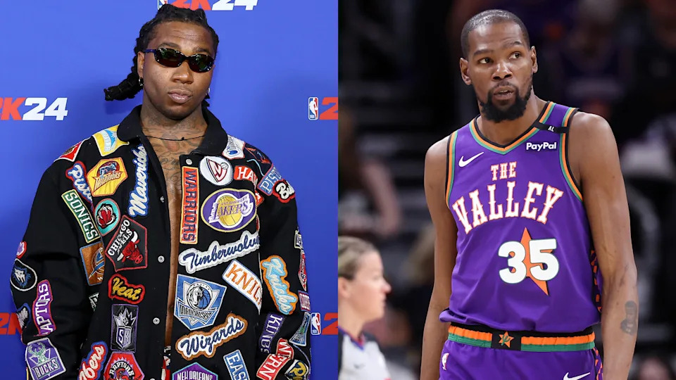 (L) Lil B in a patch-covered jacket with sunglasses. (R) Kevin Durant in a purple basketball jersey on the court.