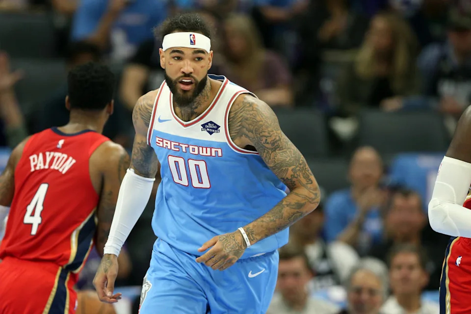 Apr 7, 2019; Sacramento, CA, USA; Sacramento Kings center Willie Cauley-Stein (00) heads downcourt during the second quarter against the New Orleans Pelicans at Golden 1 Center.© Darren Yamashita-Imagn Images