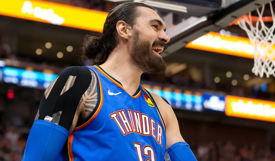 Dec 9, 2019; Salt Lake City, UT, USA; Oklahoma City Thunder center Steven Adams (12) reacts during the second half against the Utah Jazz at Vivint Smart Home Arena. Mandatory Credit: Russ Isabella-USA TODAY Sports