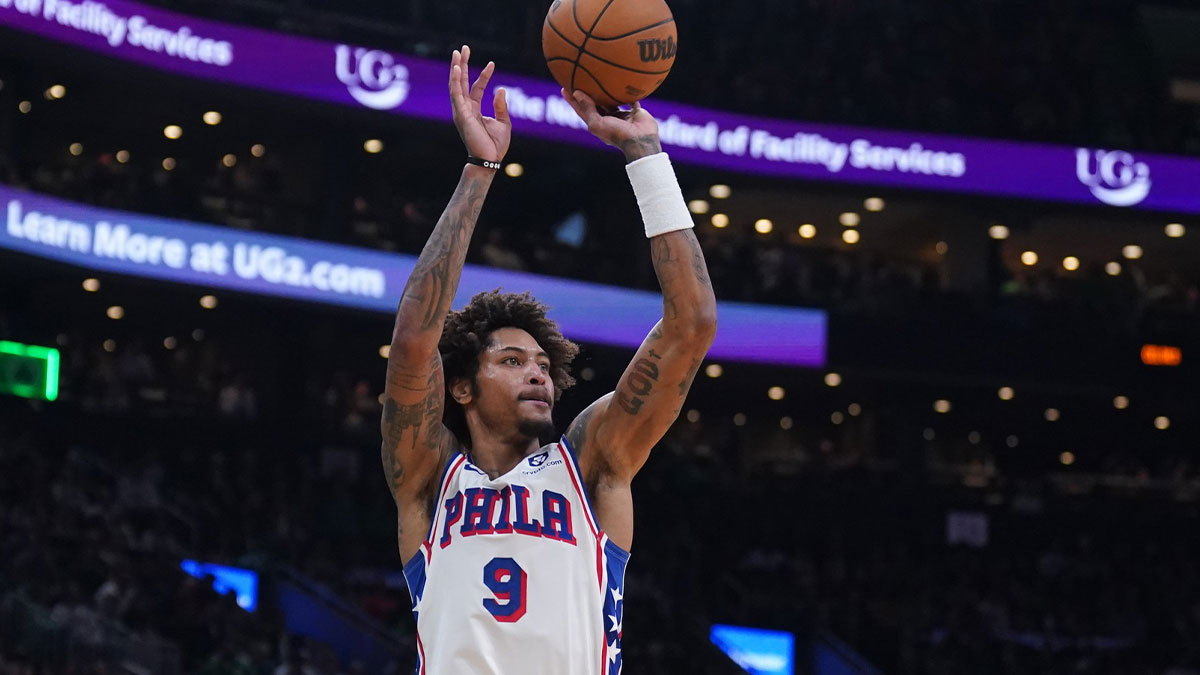 76ers guard Kelly Oubre Jr. (9) shoots the ball against the Boston Celtics in the second quarter at TD Garden