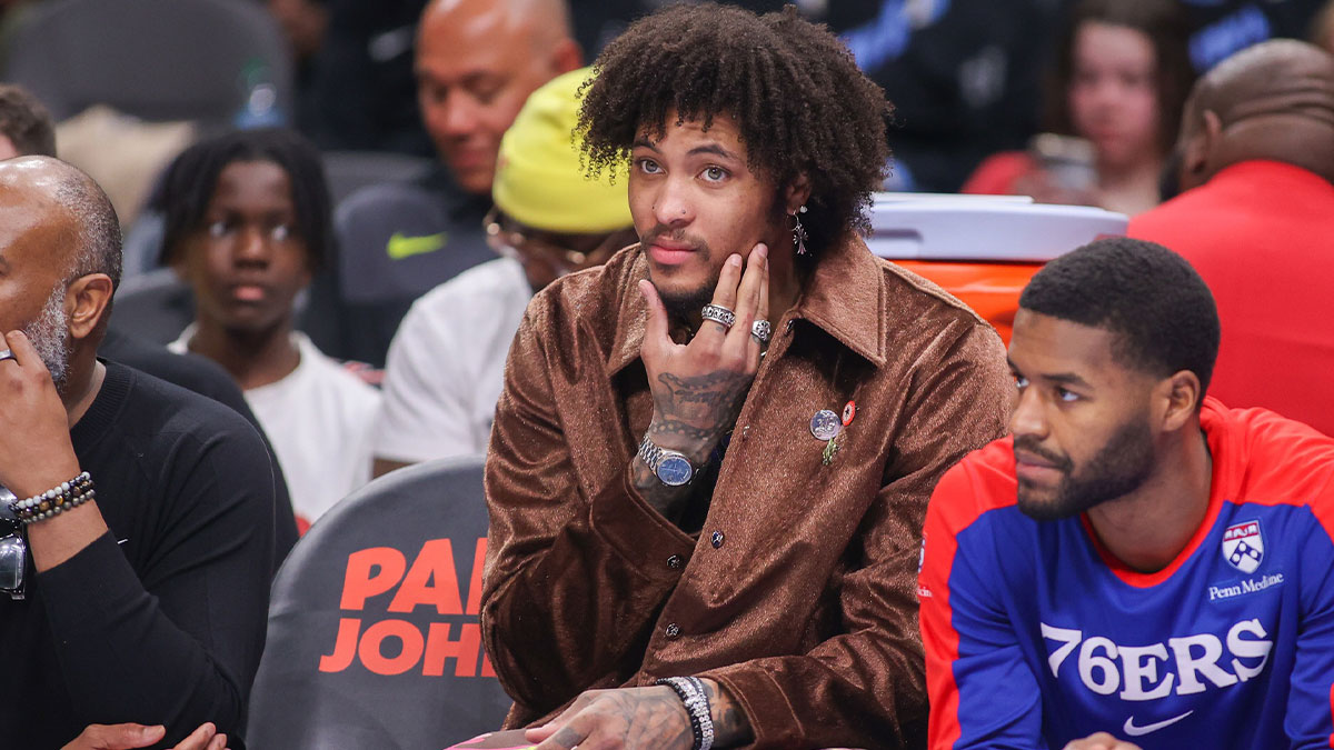 76ers guard Kelly Oubre Jr. (9) on the sideline against the Atlanta Hawks in the first quarter at State Farm Arena