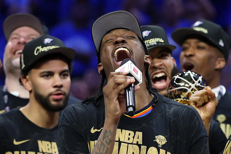 OKLAHOMA CITY, OKLAHOMA - JUNE 22: Jalen Williams #8 of the Oklahoma City Thunder celebrates after defeating the Indiana Pacers 103-91 in Game Seven of the 2025 NBA Finals at Paycom Center on June 22, 2025 in Oklahoma City, Oklahoma. NOTE TO USER: User expressly acknowledges and agrees that, by downloading and or using this photograph, User is consenting to the terms and conditions of the Getty Images License Agreement. (Photo by Matthew Stockman/Getty Images)