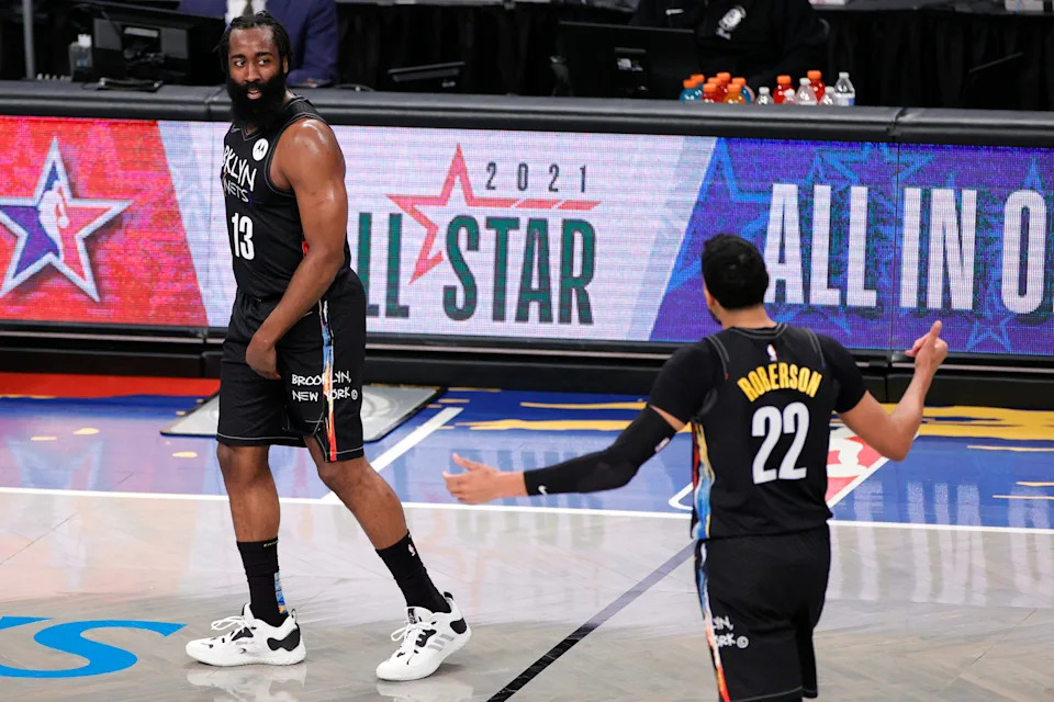 NEW YORK, NEW YORK - FEBRUARY 27: James Harden #13 reacts toward André Roberson #22 of the Brooklyn Nets during the second half against the Dallas Mavericks at Barclays Center on February 27, 2021 in the Brooklyn borough of New York City. The Mavericks won 115-98. NOTE TO USER: User expressly acknowledges and agrees that, by downloading and or using this Photograph, user is consenting to the terms and conditions of the Getty Images License Agreement. (Photo by Sarah Stier/Getty Images)
