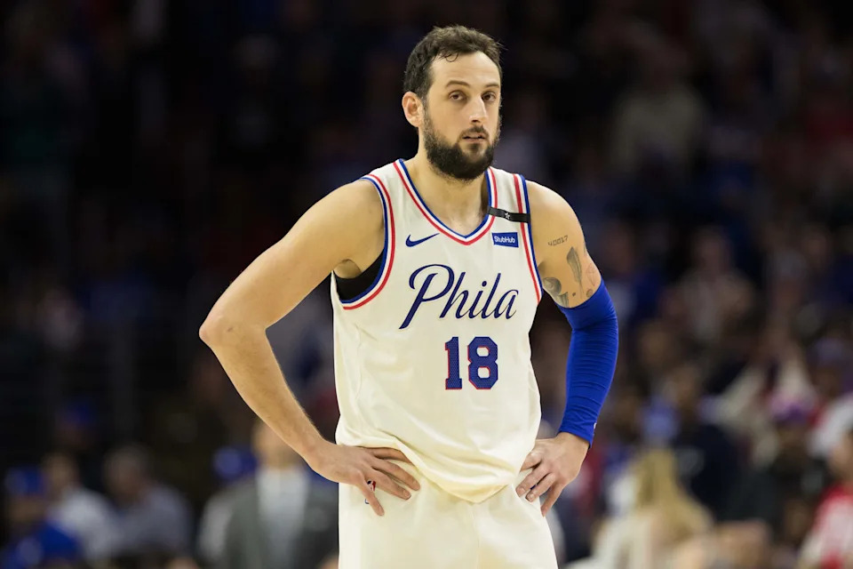 Apr 16, 2018; Philadelphia, PA, USA; Philadelphia 76ers guard Marco Belinelli (18) against the Miami Heat in game two of the first round of the 2018 NBA Playoffs at Wells Fargo Center. Mandatory Credit: Bill Streicher-USA TODAY Sports