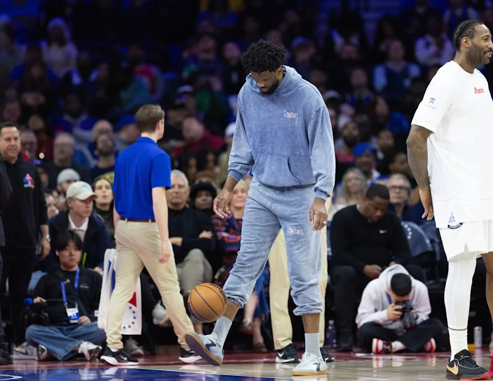 Mar 1, 2025; Philadelphia, Pennsylvania, USA; Injured Philadelphia 76ers center Joel Embiid during a timeout in the fourth quarter against the Golden State Warriors at Wells Fargo Center. Mandatory Credit: Bill Streicher-Imagn ImagesCredit&colon; Bill Streicher-Imagn Images