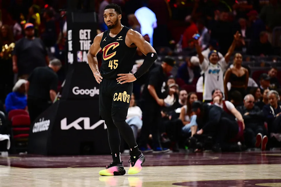 May 13, 2025; Cleveland, Ohio, USA; Cleveland Cavaliers guard Donovan Mitchell (45) reacts during the second half of game five against the Indiana Pacers in the second round for the 2025 NBA Playoffs at Rocket Arena. Mandatory Credit: Ken Blaze-Imagn Images