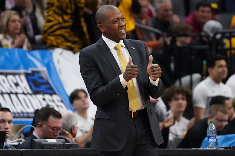 Mar 16, 2023; Sacramento, CA, USA; Missouri Tigers head coach Dennis Gates reacts while watching game action against the Utah State Aggies during the first half at Golden 1 Center. Mandatory Credit: Kyle Terada-USA TODAY Sports